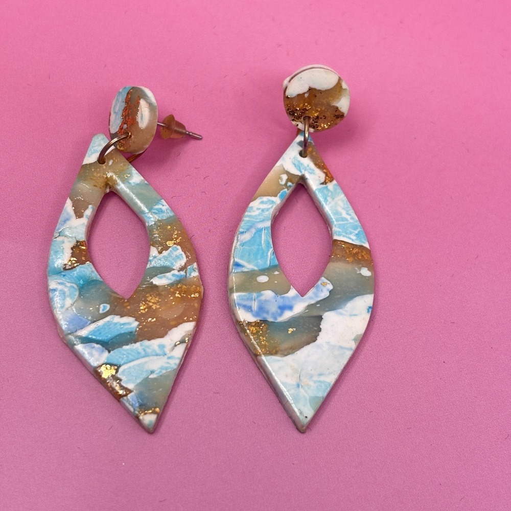 Blue White Gold Tone Marbled Resin Stud Dangle Earrings Geometric Boho Statement